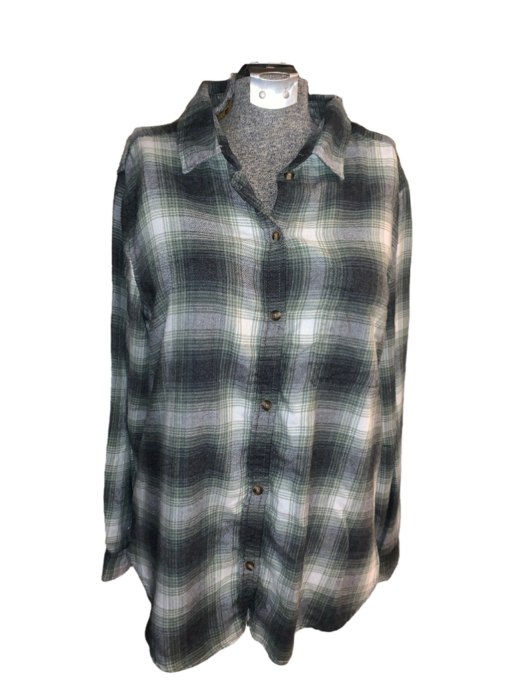 Women's American Eagle Plaid Button Down Shirt, Size L, Green and White